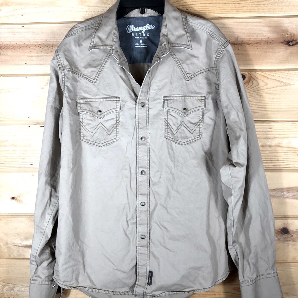 Wrangler Retro Contrast Trim Western Shirt Pearl Snaps Tan size Medium